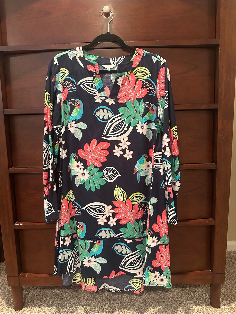 crown & ivy Navy Floral Long Sleeve Tunic Dress with Coral & Teal Accents